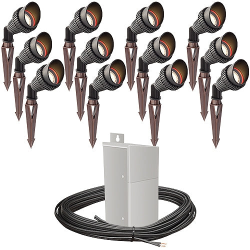 Pro LED outdoor landscape lighting 12 spot light kit 100watt power pack photocell, mechanical timer, 160-foot cable