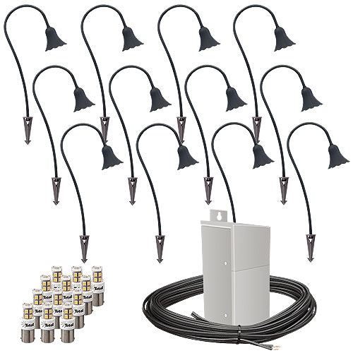 Pro Outdoor LED landscape lighting flower path kit, 12 path lights, 100watt power pack photocell, timer, 160-foot cable