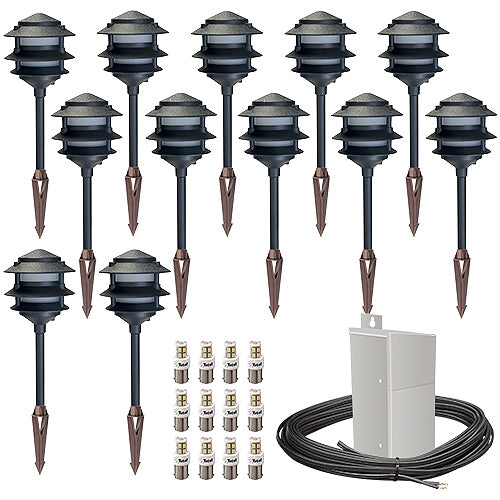 Pro LED outdoor landscape lighting 3-tier pagoda kit, 12 lights, 100watt power pack photocell, timer, 160-foot cable